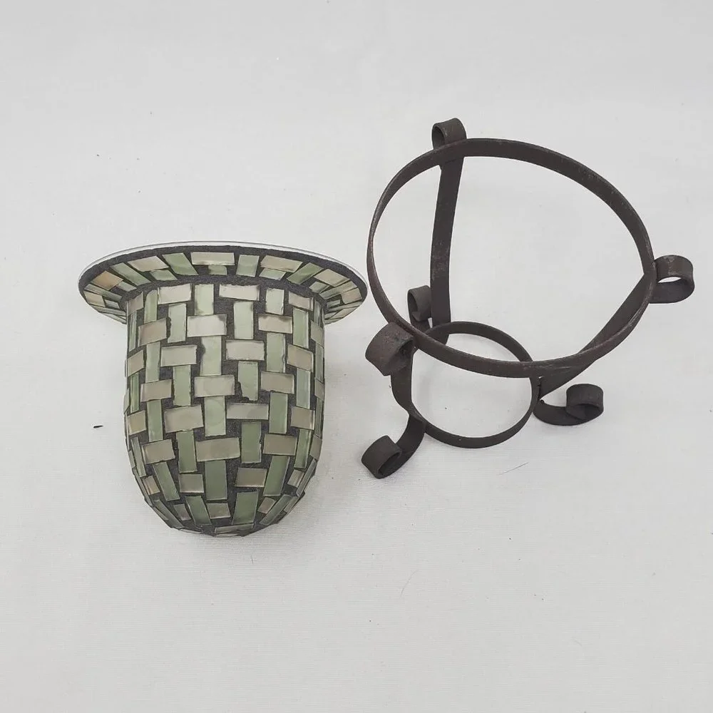 MOSAIC GLASS VOTIVE TEA LIGHT CANDLE HOLDER WITH BROWN METAL STAND - Picture 3 of 11